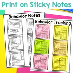 two behavior notes with the words behavior and behavior on sticky notes in pink, yellow and green