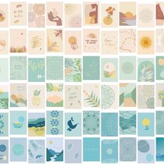 a collage of many different cards with flowers and leaves on them, all in pastel colors