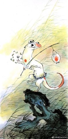 a drawing of a mouse with an orange ball in its hand and another rat on the ground