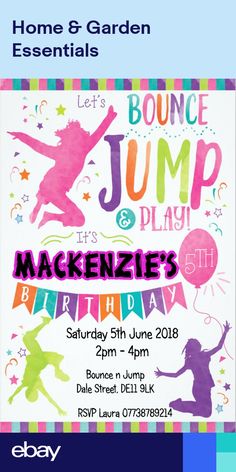 a birthday party poster with the words bounce jump and play in pink, blue, green,