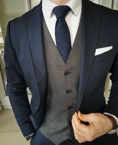 Navy Blue Suit With Grey Vest, Navy And Grey Suit, Navy Suit Grey Waistcoat, Mens Wedding Suits Navy, Tuxedo For Wedding, Groom Suite, Navy Slim Fit Suit, Grey Waistcoat