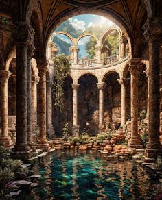 an artist's rendering of the interior of a building with water and stone arches