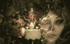 an animated image of a woman looking at a cake in the middle of a room