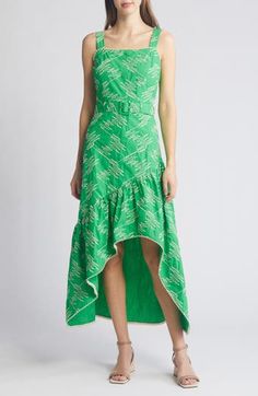 Abstract embroidery draws attention on this fab cotton dress that has a voluminous high-low hem for stylish drama. 33" center front length; 43" center back length (size Medium) Back zip closure Square neck Adjustable straps Removable belt Lined 100% cotton Hand wash, dry flat Imported Asian & Pacific Islander Owned/Founded Green A-line Cotton Midi Dress, Green Cotton Maxi Dress, Cotton A-line Midi Dress For The Beach, Green Cotton Midi Dress For Daywear, Green A-line Cotton Maxi Dress, Summer Green Maxi Dress With High-low Hem, Summer Cotton A-line Midi Dress, Green High-low Hem Maxi Dress For Summer, Green Cotton A-line Maxi Dress