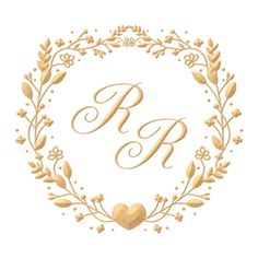 the letter p is surrounded by a floral wreath and heart in gold on a white background