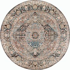 a round rug with an intricate design on the center and sides in blue, red, beige