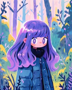 a painting of a girl with purple hair and blue coat standing in the middle of a forest