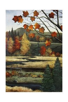 an oil painting of fall foliage and a bridge