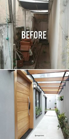 before and after photos of a house with wood doors, plants and concrete walkways