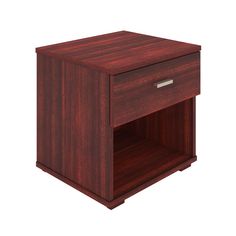 a wooden nightstand with one drawer open on the top and two drawers closed at the bottom