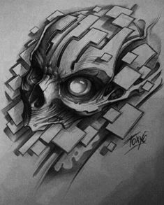 a pencil drawing of an alien head with squares and lines on it's face