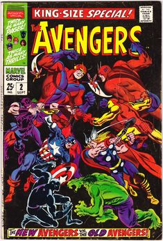 an old comic book cover with the avengers and other superheros in front of it