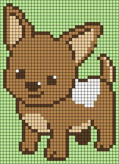 a cross stitch pattern with a small brown dog on it's chest and one paw in the other hand