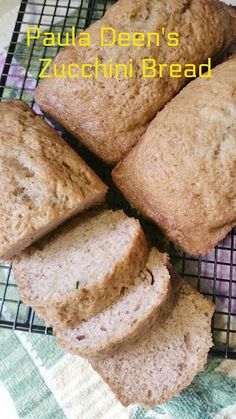 four slices of zucchini bread on a cooling rack with the words faula deer's zucchini bread