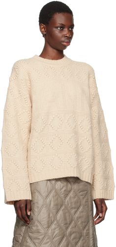 Oversized cable knit wool- and cotton-blend sweater. · Rib knit crewneck, hem, and cuffs · Intarsia logo at front Supplier color: Egret Beige Cable Knit Sweater, Mesh Leggings, Floral Prints Pattern, Knit Crewneck, Cable Knit Sweater, Cotton Fleece, Cable Knit, Knit Sweater, Rib Knit