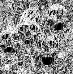 black and white drawing of skulls with their mouths open in front of the viewer's eyes