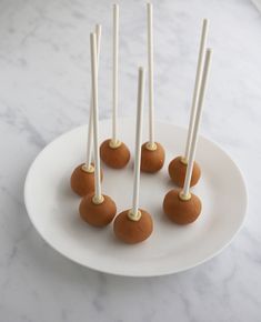 small cake pops are arranged on a white plate