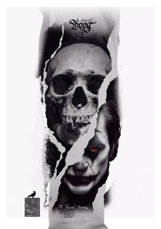 a poster with a woman's face torn in half and a skull on the side