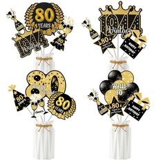 black and gold 80th birthday decorations with balloons in the shape of heart shaped balloons