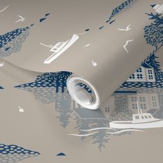 an image of a wallpaper with boats and trees in blue on grey background,