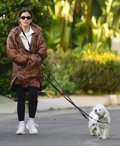 a woman walking her dog on a leash