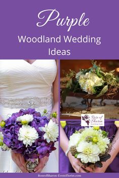 purple and white wedding bouquets with text overlay that says purple woodland wedding ideas