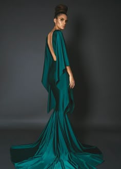 Nella Evening Gown With Long Train, Elegant Gown With Closed Back And Back Opening, Luxury Backless Gown For Evening, Gala Gown With Low Back Opening, Gala Gown With Low Back And Back Opening, Elegant Gown With Sweep Train And Low Back, Backless Mermaid Dress For Evening, Elegant Low Back Gown With Sweep Train, Elegant Formal Gown With Closed Back