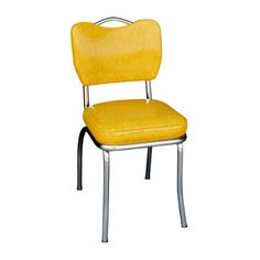 a yellow chair sitting on top of a metal frame