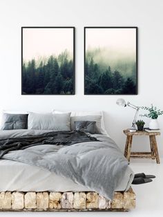 two paintings on the wall above a bed