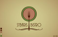 the logo for sybaris bistro is shown in brown, green and pink