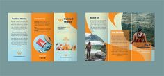 an orange and blue brochure with images of people in the mountains on it