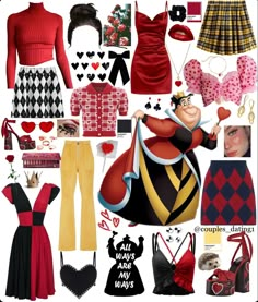 A collage of clothing inspiration to create a DIY Queen of Hearts halloween costume. Lots of Red, black and yellow colours, with hearts everywhere. Alice In Wonderland Bounding Inspired Outfits, Disney Bounding Queen Of Hearts, Red Queen Costume Diy Easy, Disney Themed Costumes For Women, Queen Of Hearts Casual Outfit, Disney Bounding Casual, Alice In Wonderland Clothing Inspiration, Queen Of Heart Costume Diy, Queen Of Hearts Inspo Outfit