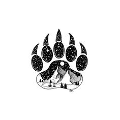 a black and white drawing of a dog's paw with stars in the background