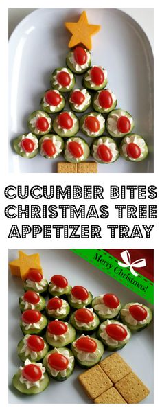 a christmas tree made out of crackers on a plate with the words cucumber bites christmas tree appetizer tray