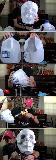 the process of making a skull mask out of plastic bottles is shown in three different stages