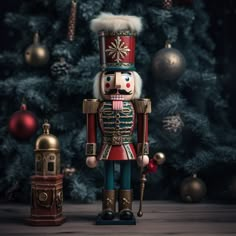 a nutcracker standing next to a christmas tree