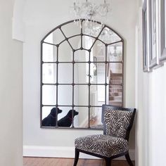 a dog sitting in front of a large mirror on the wall next to a chair