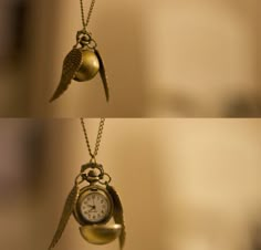 two pictures of an antique pocket watch with wings attached to it's back end