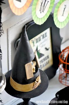 a witch hat is sitting on top of a table