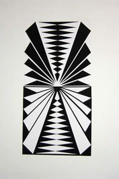 an abstract black and white painting on a wall with geometric shapes in the center,