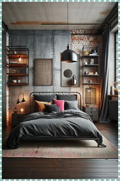 an industrial bedroom with brick walls and metal bed frame, black iron headboard, grey linens, pink pillows, green checkered rug