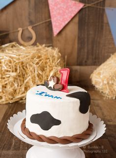 a birthday cake with a cow design on it sitting in front of hay bales