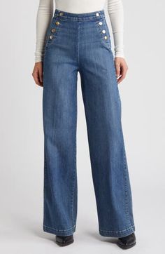 The classic maritime silhouette of these wide-leg jeans is given a modern update with a curve-accentuating high waist and brassy side snaps. The comfort stretch denim features a faded wash and is cut for a Parisian fit with clean lines. 35" inseam; 24" leg opening; 13" front rise; 15 1/2" back rise (size 29) Side zip closure Front snap pockets; back patch pockets 90% cotton, 6% elastomultiester, 4% elastane Machine wash, dry flat Imported Bodysuit Jeans, Sailor Jeans, White Wide Leg Jeans, Cut Out Jeans, Sailor Jean, High Waist Wide Leg Jeans, Jeans And Flats, Black Wide Leg Pants, Patterned Jeans