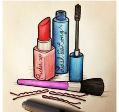 a pencil drawing of lipstick, mascara and eyeliners