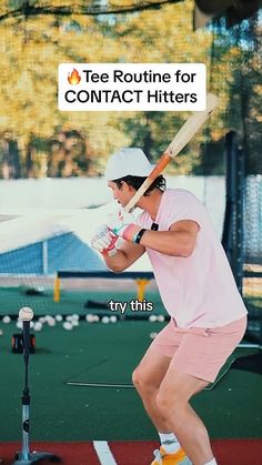 a man holding a baseball bat while standing on top of a batting cage with the caption tee routine for contact hitters try this