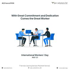 the international workers'day flyer with two people working on laptops at a table