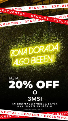 a neon sign that reads 20 % off