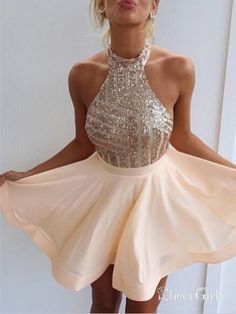 Halter Short Homecoming Dresses Sparkly Cheap Cute Homecoming Dress ARD1085-SheerGirl Sweet 16 Dresses Short, Halter Homecoming Dress, Prom Dress For Teens, Backless Homecoming Dresses, Homecoming Dresses Sparkly, Ombre Dress, Pakistan Fashion, Satin Short, Dresses Chiffon