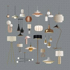 a bunch of lamps that are hanging from the ceiling in different shapes and sizes, with one light on each side