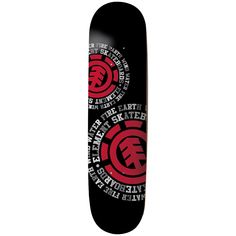 a black skateboard with red and white designs on it's bottom half side